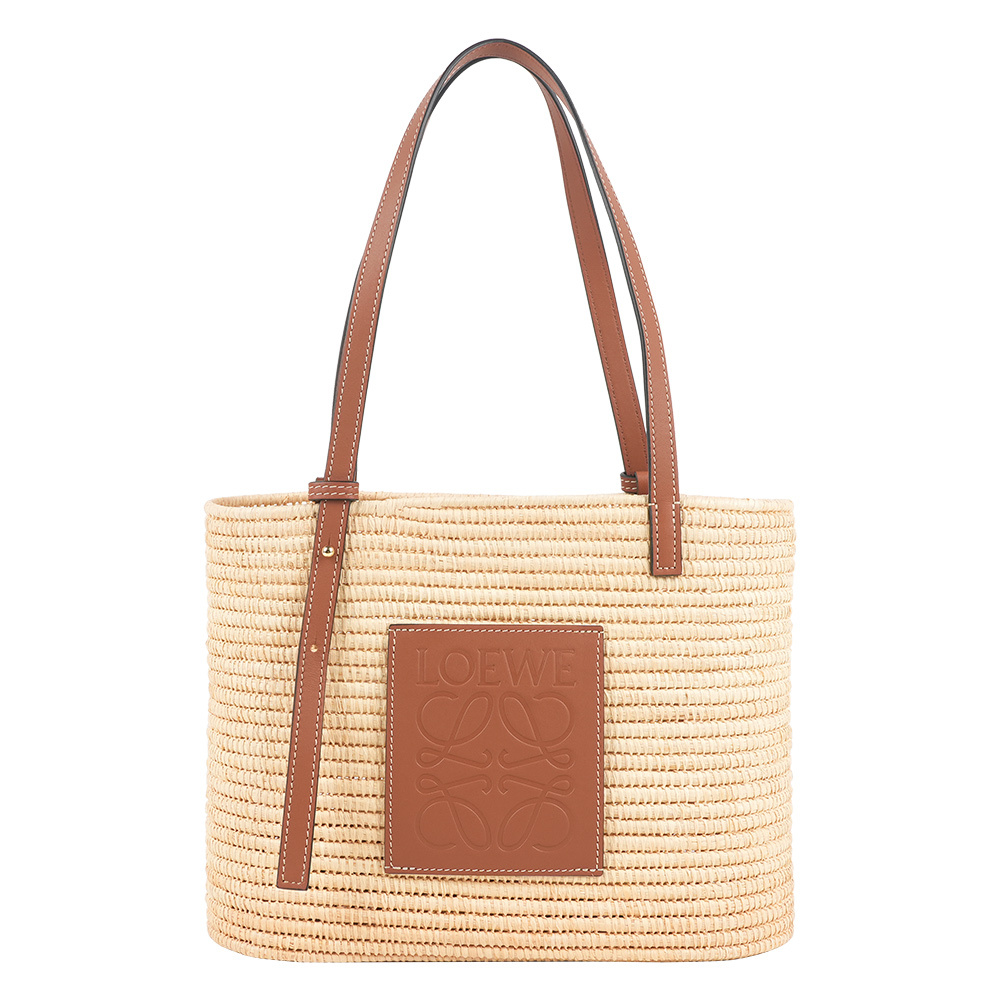 【LOEWE】Logo 小牛皮壓印及酒椰纖維小款方型肩背包/手提包(棕褐色)
