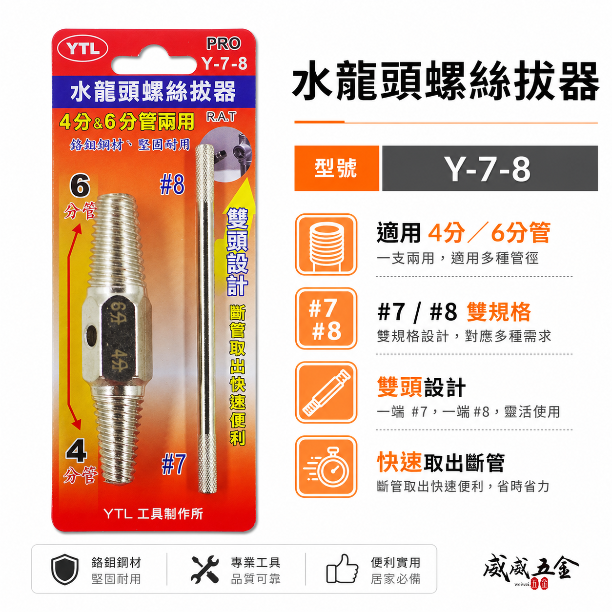 YTL 台灣製 ｜水龍頭螺絲 雙頭取出器 4分 6分管 兩用反牙螺絲攻 倒牙器 7# 8# 退牙器｜Y-7-8