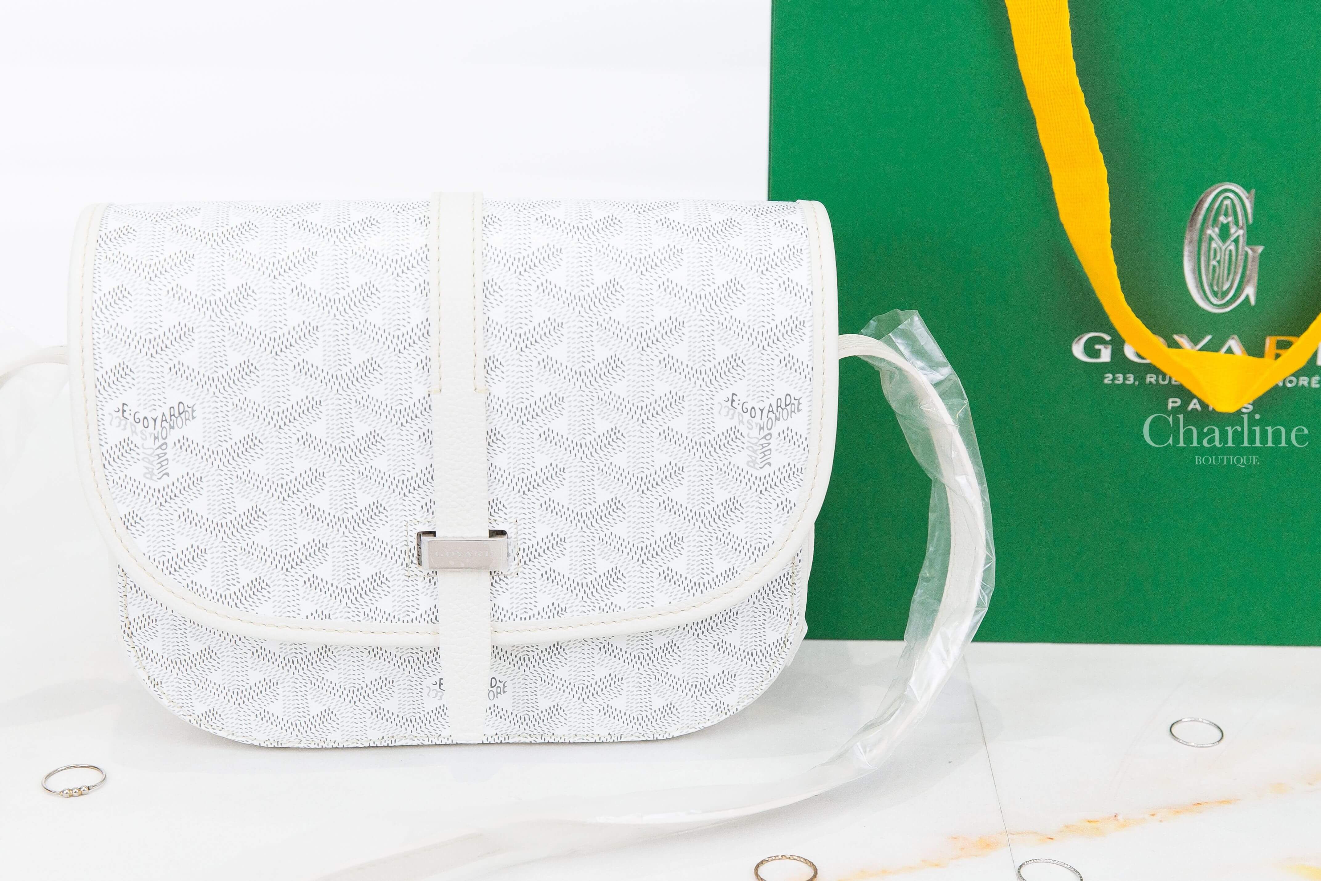 Goyard Belvedere PM Bag 白色帆布小牛皮黃色內裡小型馬鞍肩背包