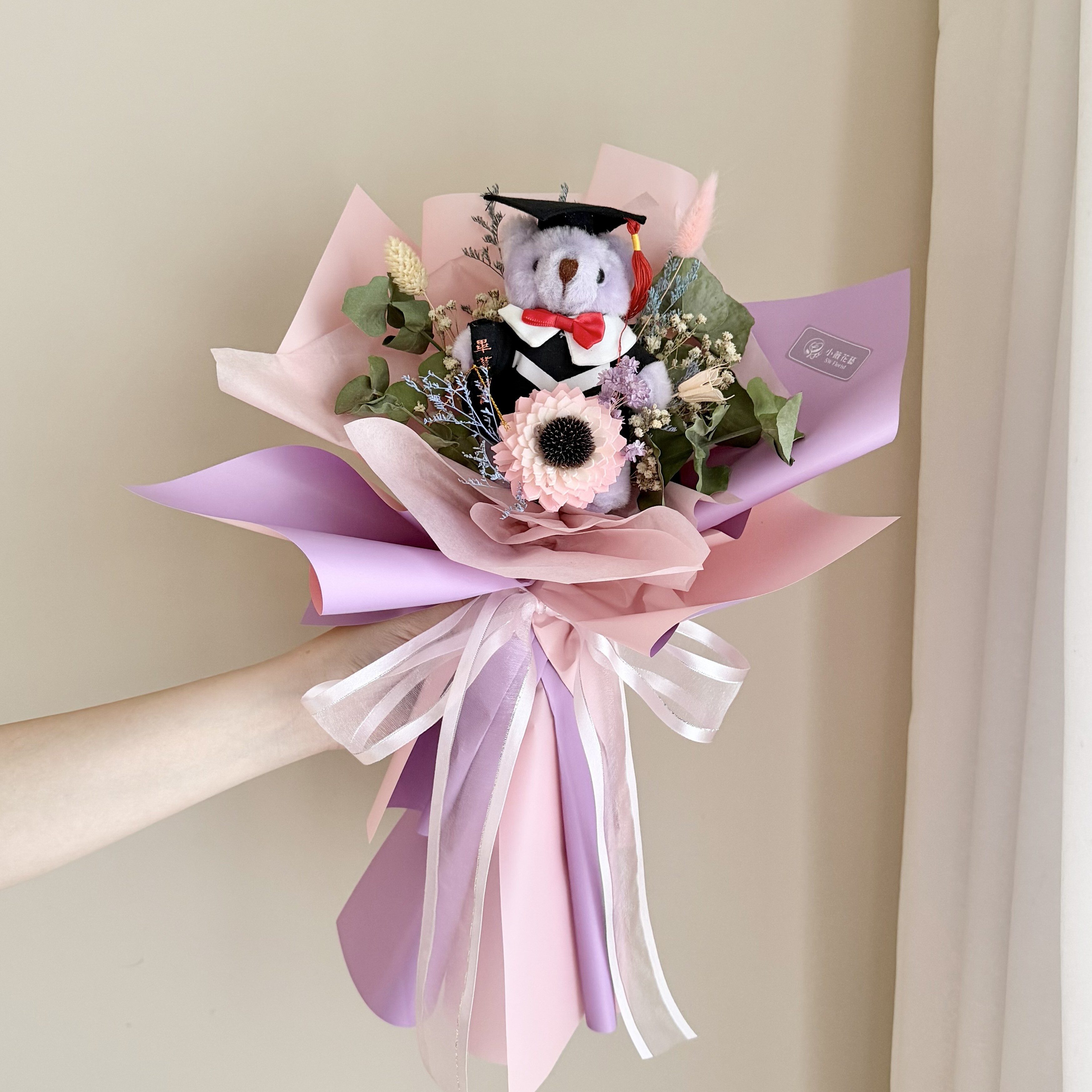 乾燥花束(紫色系/中型)【雙色包裝&畢業熊】｜畢業花束、索拉向日葵