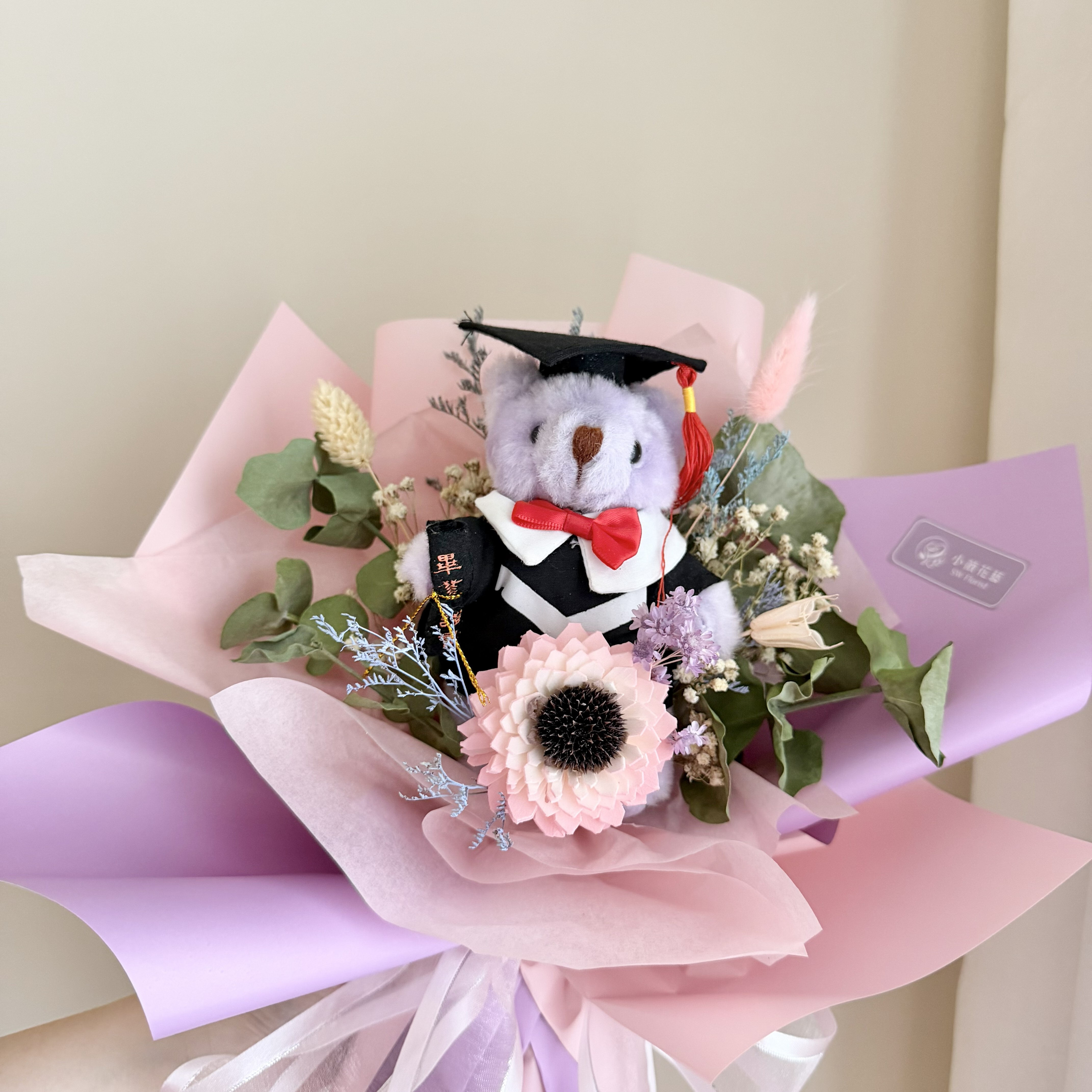 乾燥花束(紫色系/中型)【雙色包裝&畢業熊】｜畢業花束、索拉向日葵