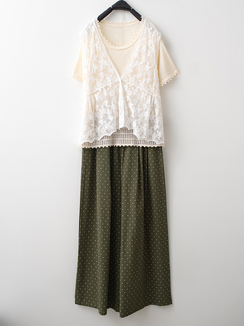 蕾絲繡花短版背心緹花流蘇針織上衣點點寬褲組合