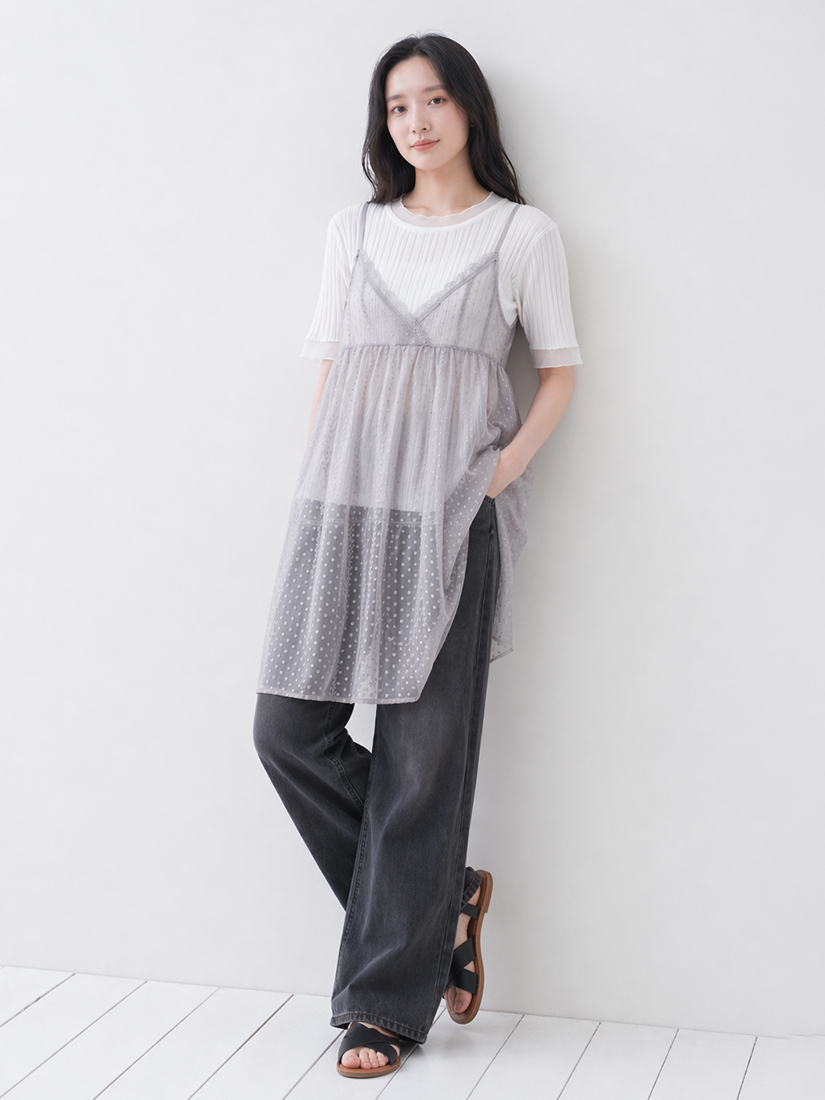 透視蕾絲背心羅紋涼感上衣天絲棉打褶寬褲組合