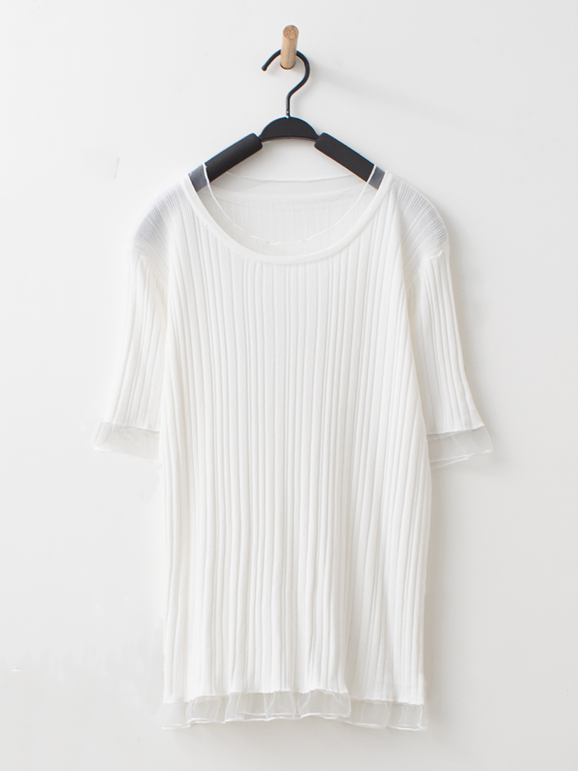 輕透層次網紗剪接羅紋涼感五分袖針織上衣