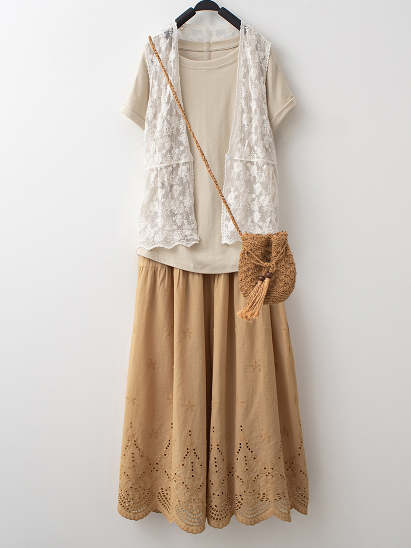 蕾絲繡花背心側抓皺上衣純棉柔軟寬褲組合