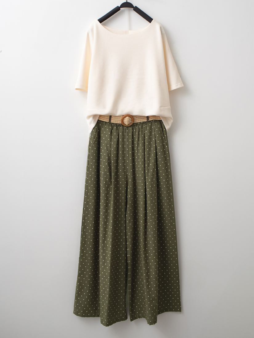 側邊抓褶連袖空氣棉上衣棉麻感點點九分寬褲組合