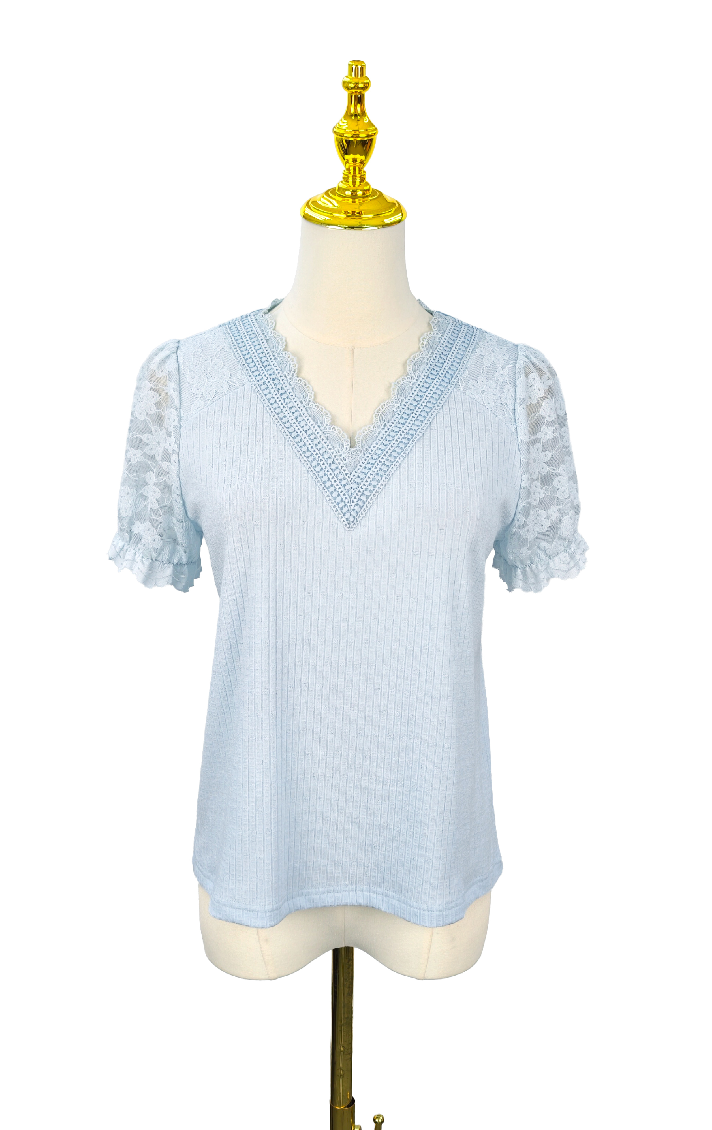 V-Neck Lace Spliced Puff Sleeve Top ST0904