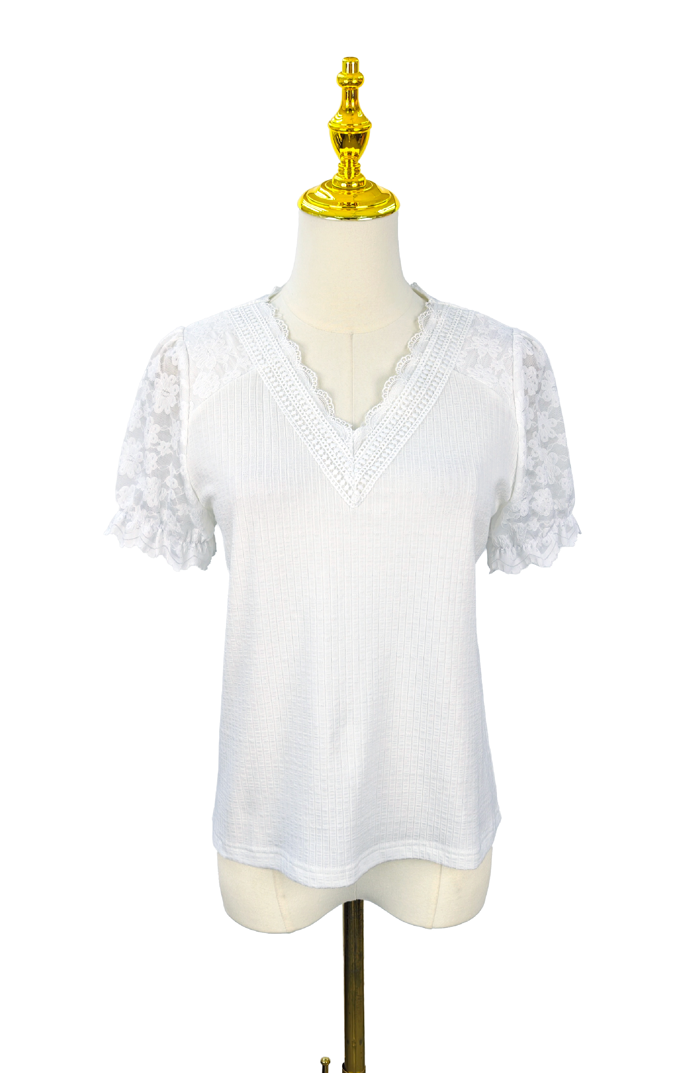 V-Neck Lace Spliced Puff Sleeve Top ST0904