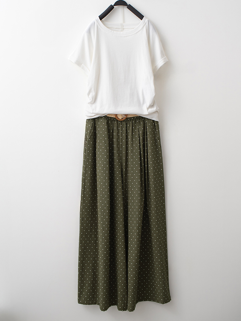 棉柔質感側抓皺上衣點點印花九分寬褲組合