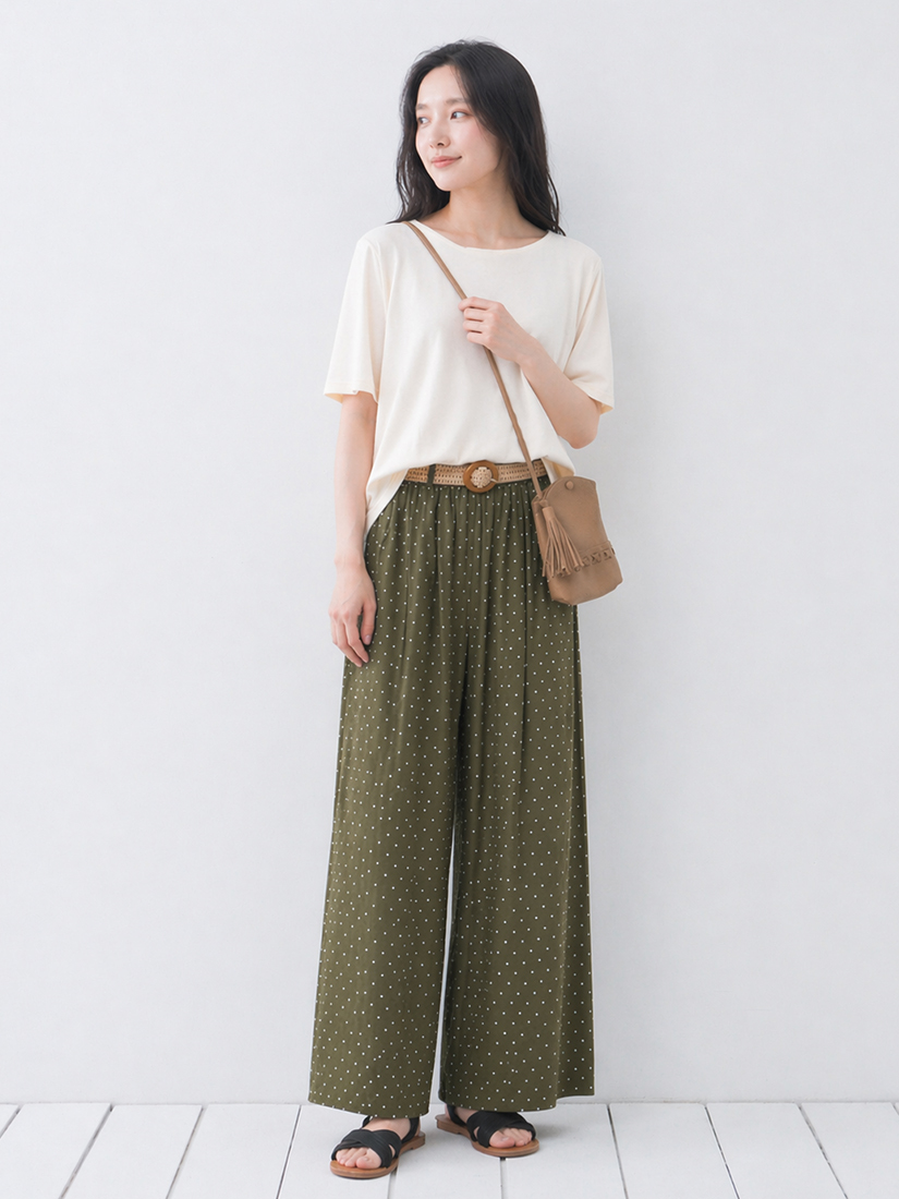 側邊抓褶連袖空氣棉上衣棉麻感點點九分寬褲組合