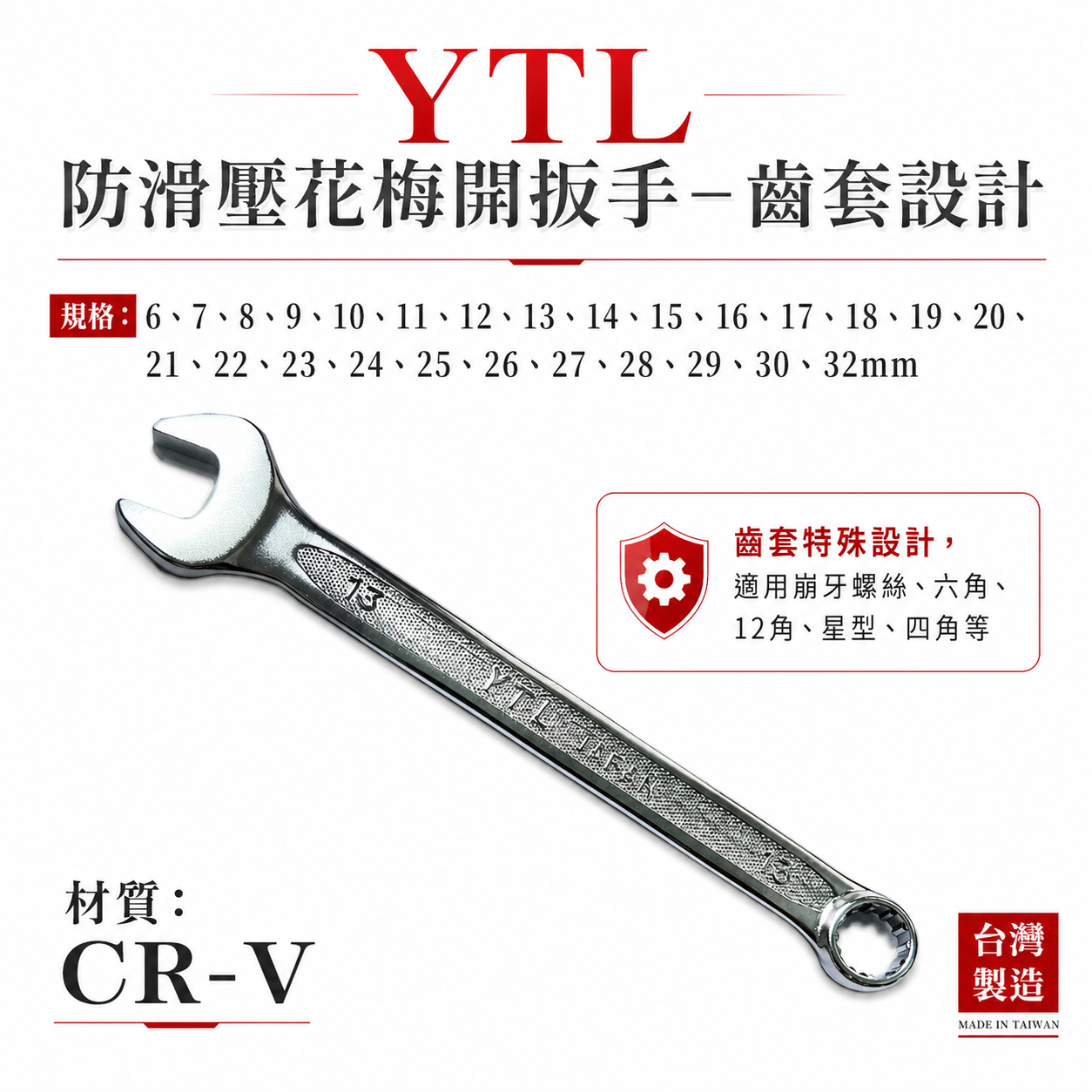 YTL 台灣製｜薄型梅花開口板手 防滑壓花梅開扳手 電鍍表面齒套板手 適用崩牙六角 12角 星型 四角螺絲
