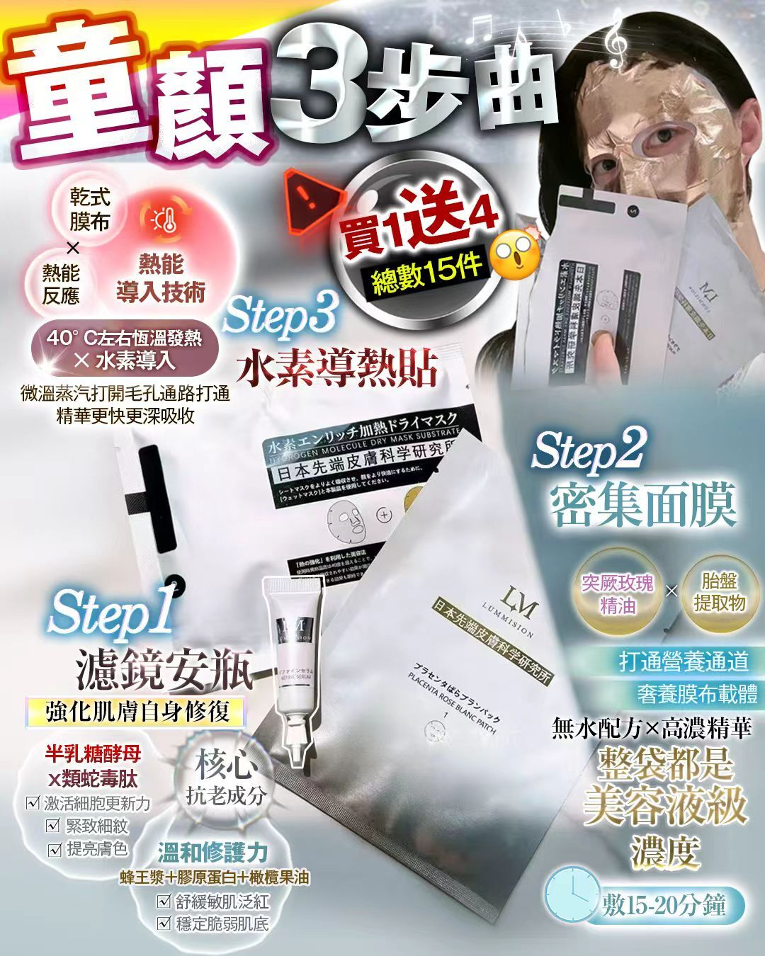 童顏3步曲 （每套包括一支精華 ，一張玫瑰面膜，一張水素發熱膜）