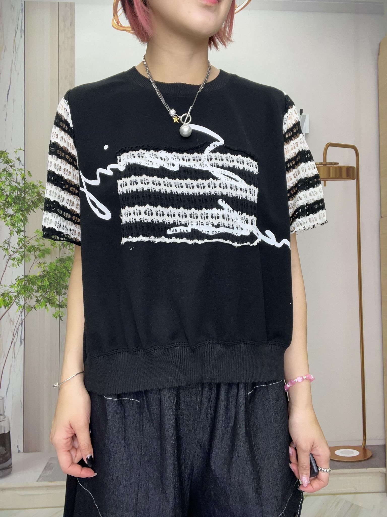Y牌子拼lace袖top ～161Y