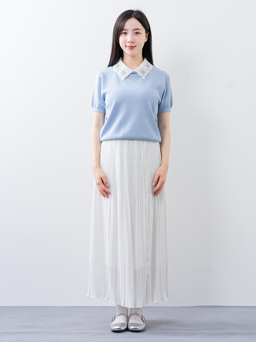 珍珠蕾絲領片針織上衣層次壓褶雪紡長裙組合