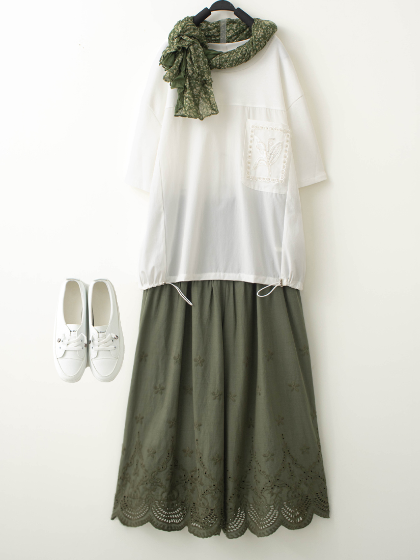 蕾絲縫珠口袋下擺抽繩上衣繡花純棉褲組合