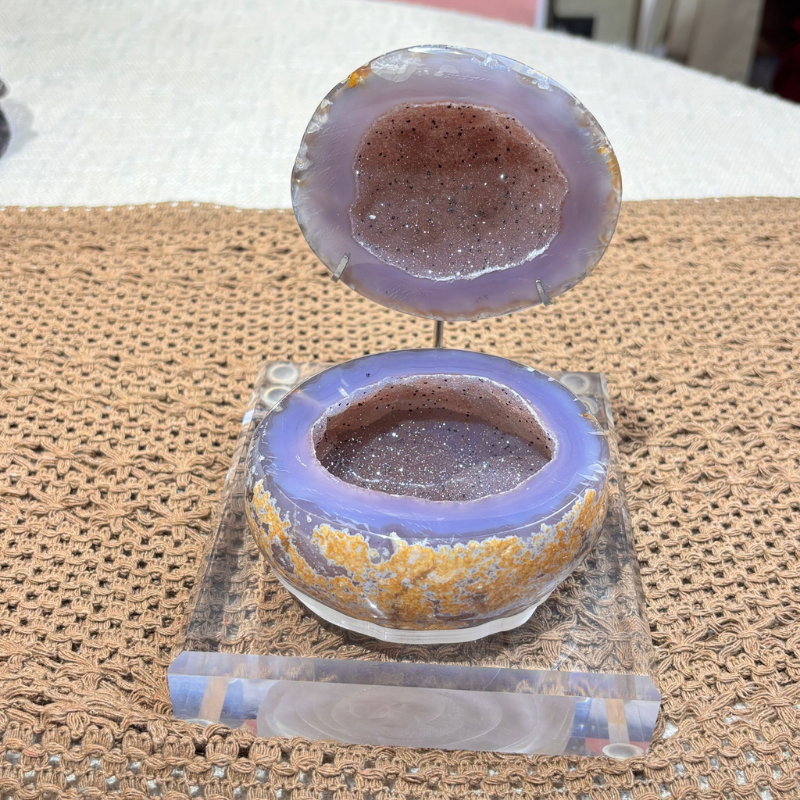 HKHG0430-091 紫霞金苔聚寶盆 帶蓋紫藍瑪瑙晶洞擺件 (A91)