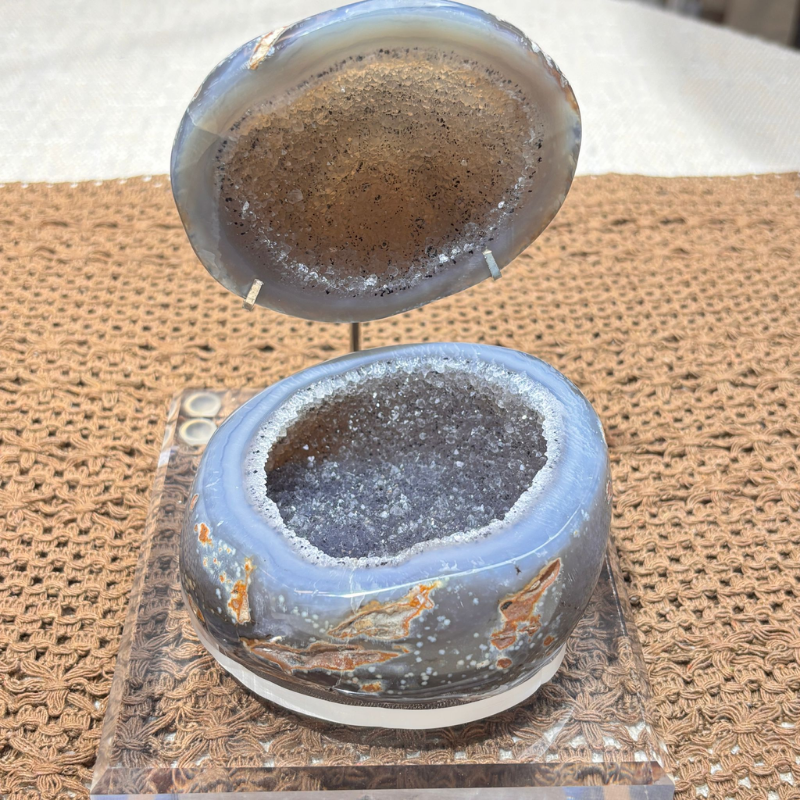 HKHG0430-090 煙藍晶閣 帶蓋藍瑪瑙聚寶盆擺件 (A90)