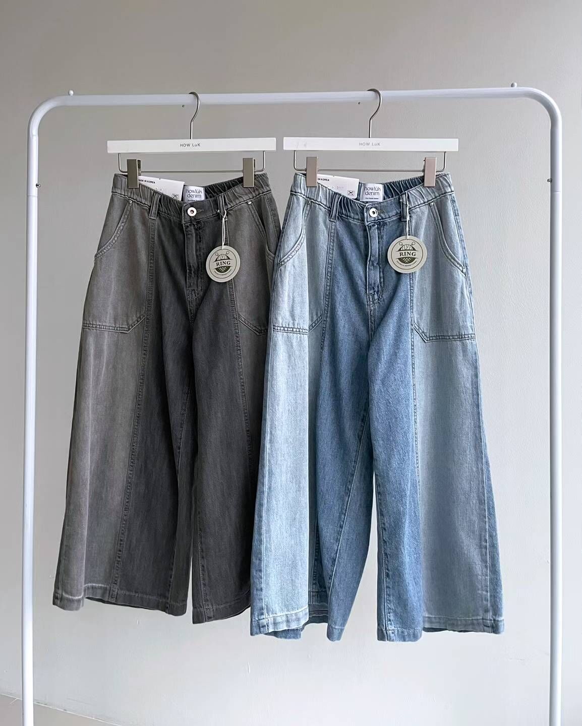 HL3069 深淺拼接8分牛仔寬褲