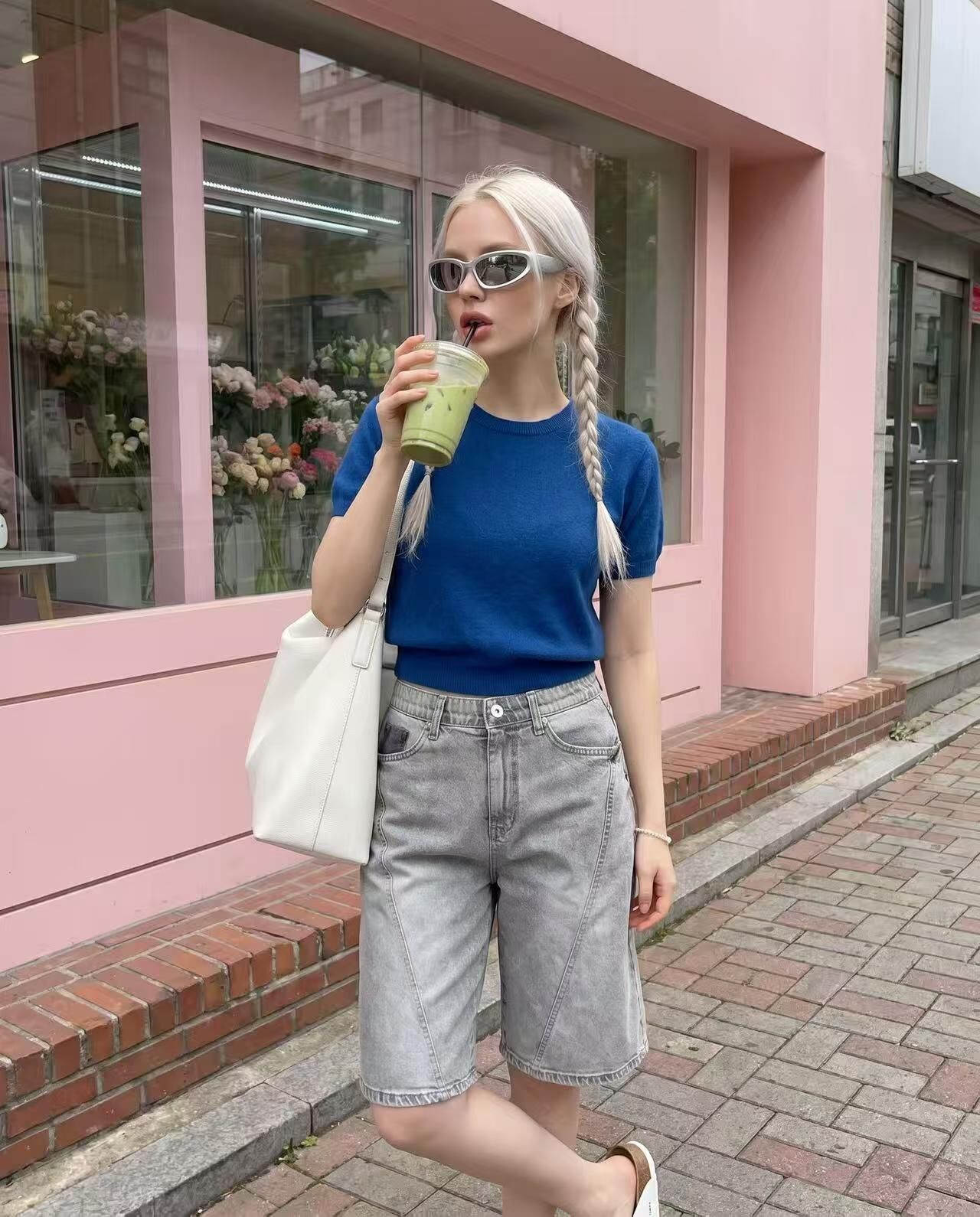 HL3087 設計綫條5分淺灰牛仔褲