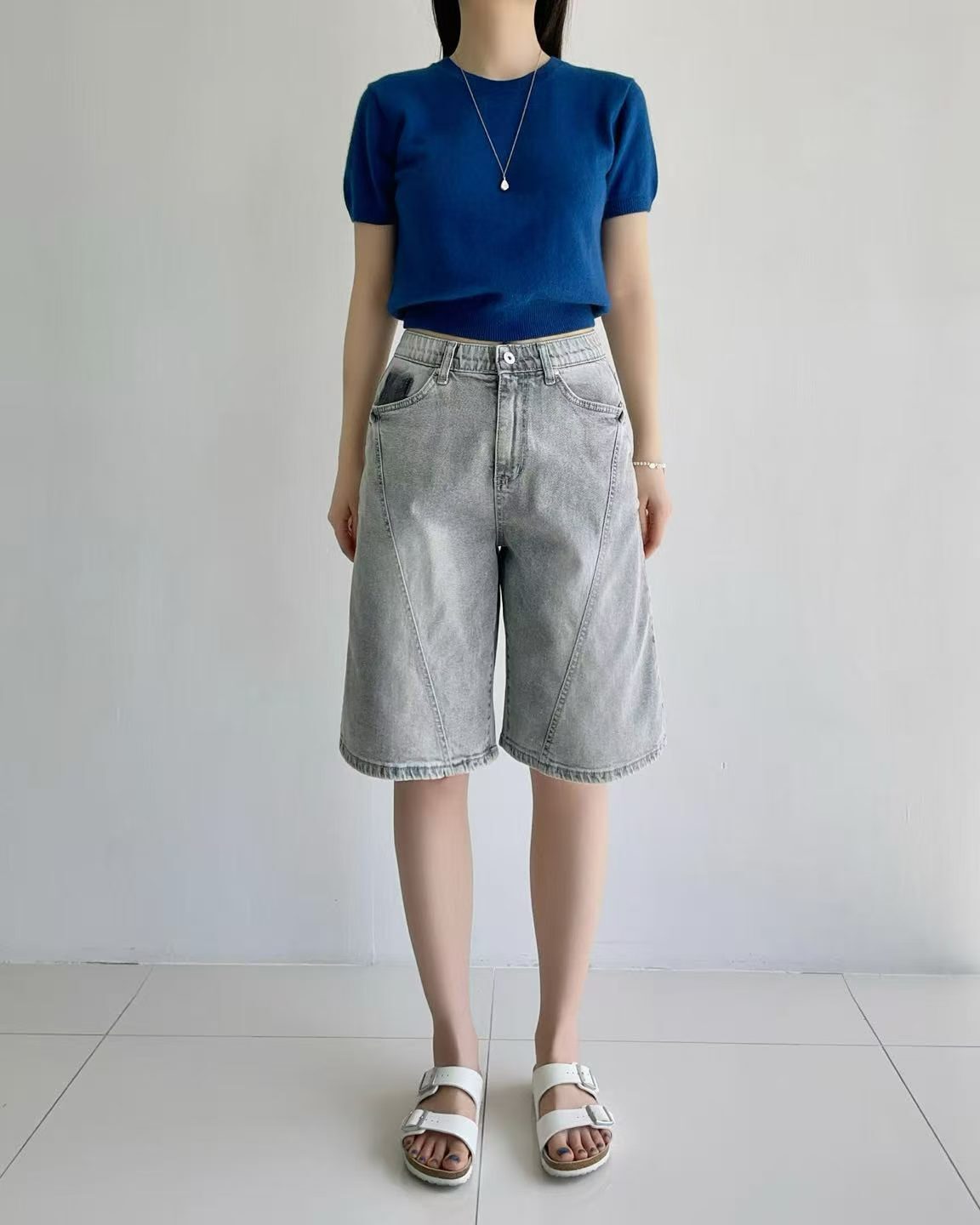 HL3087 設計綫條5分淺灰牛仔褲