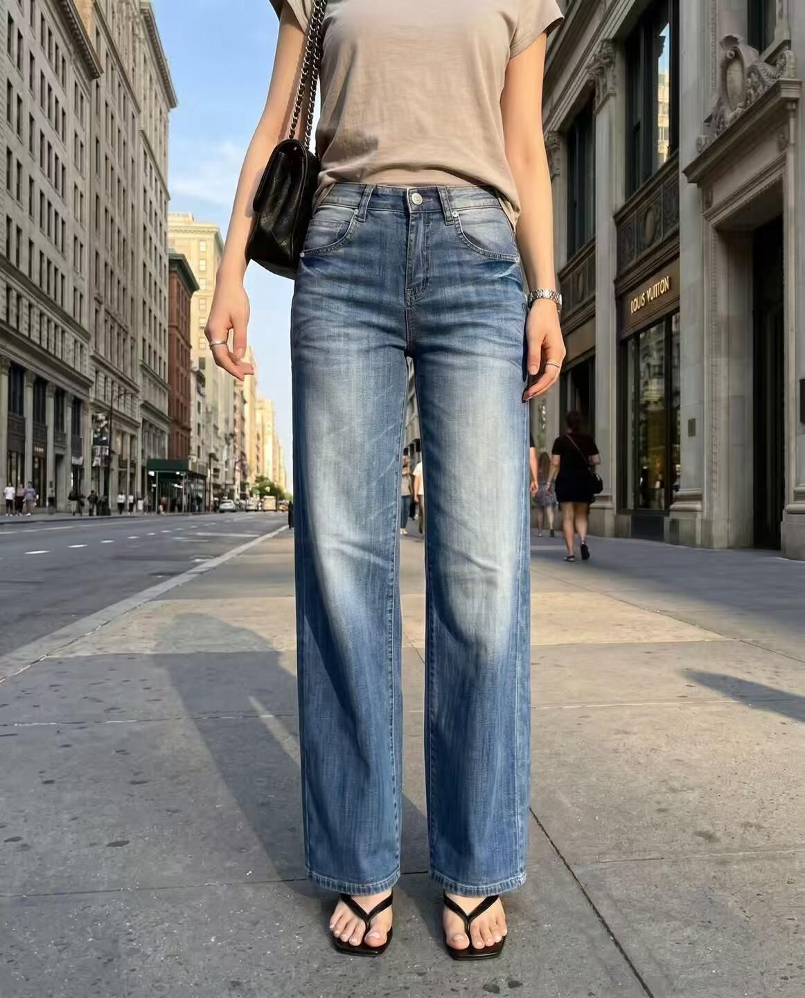 HL3067 淺藍水洗漸變高腰牛仔褲