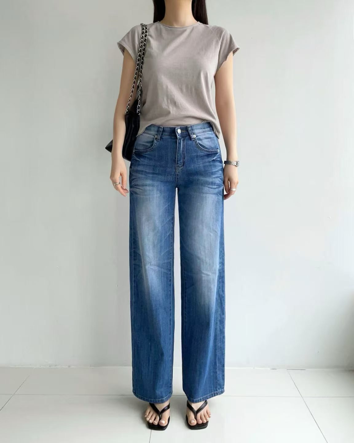 HL3067 淺藍水洗漸變高腰牛仔褲