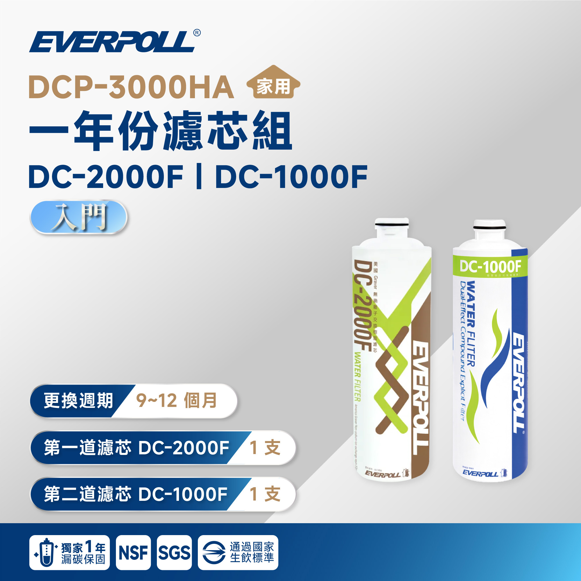 一年漏碳保固【EVERPOLL 愛科】DCP-3000HA 一年份濾芯組 DC-2000F｜DC-1000F