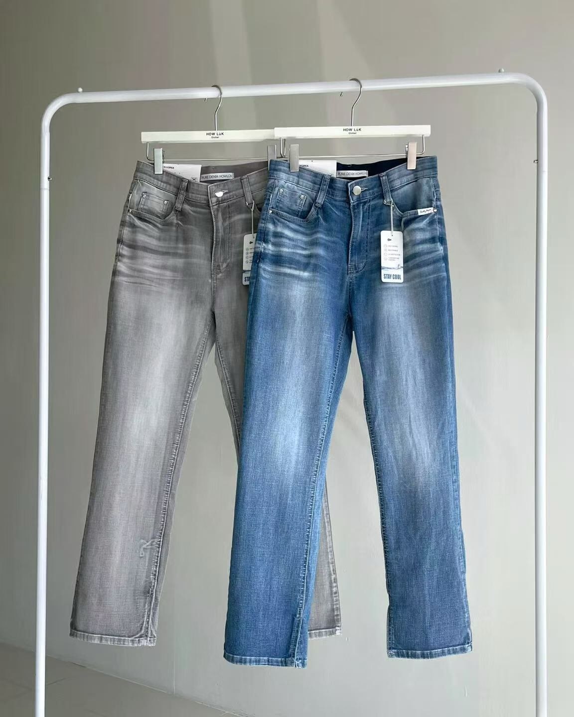 HL3074 美式復古貓鬚水洗開衩牛仔褲