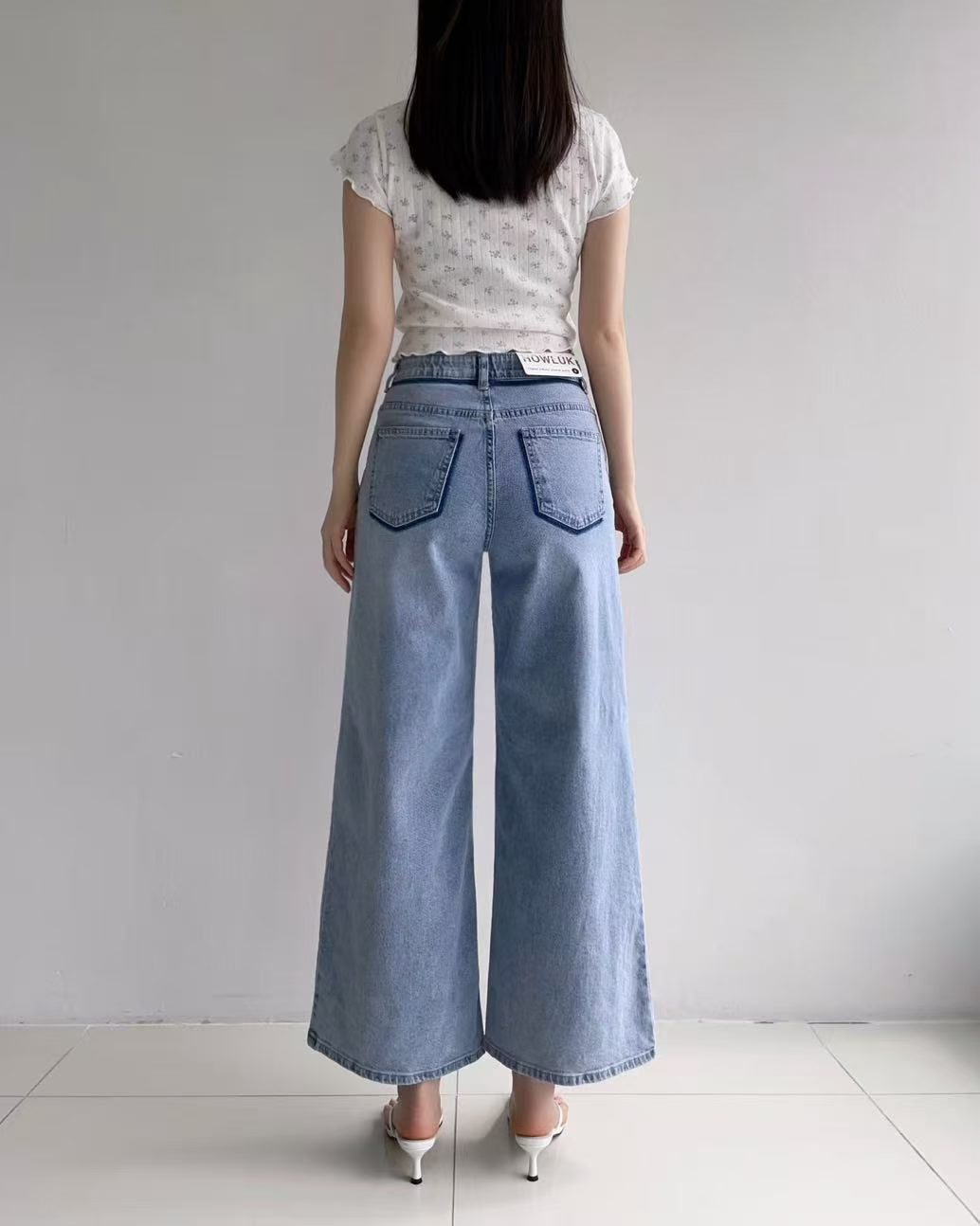 HL3076 拼色包邊淺藍高腰9分牛仔寬褲