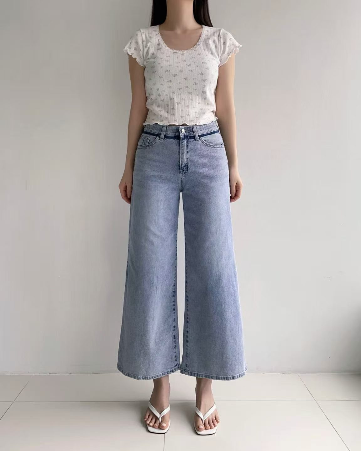 HL3076 拼色包邊淺藍高腰9分牛仔寬褲