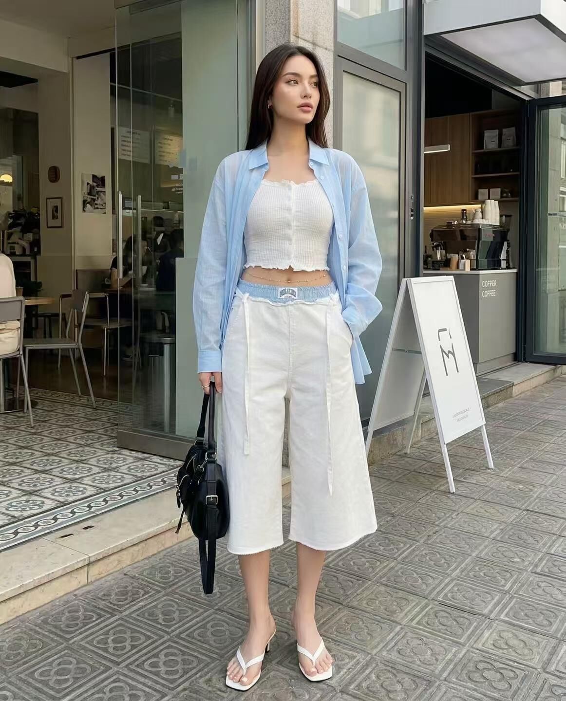 HL312 撞色腰頭毛邊5分牛仔褲