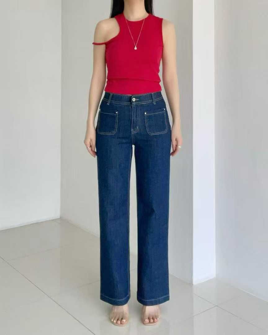 HL3064 方形小口袋直筒高腰牛仔褲