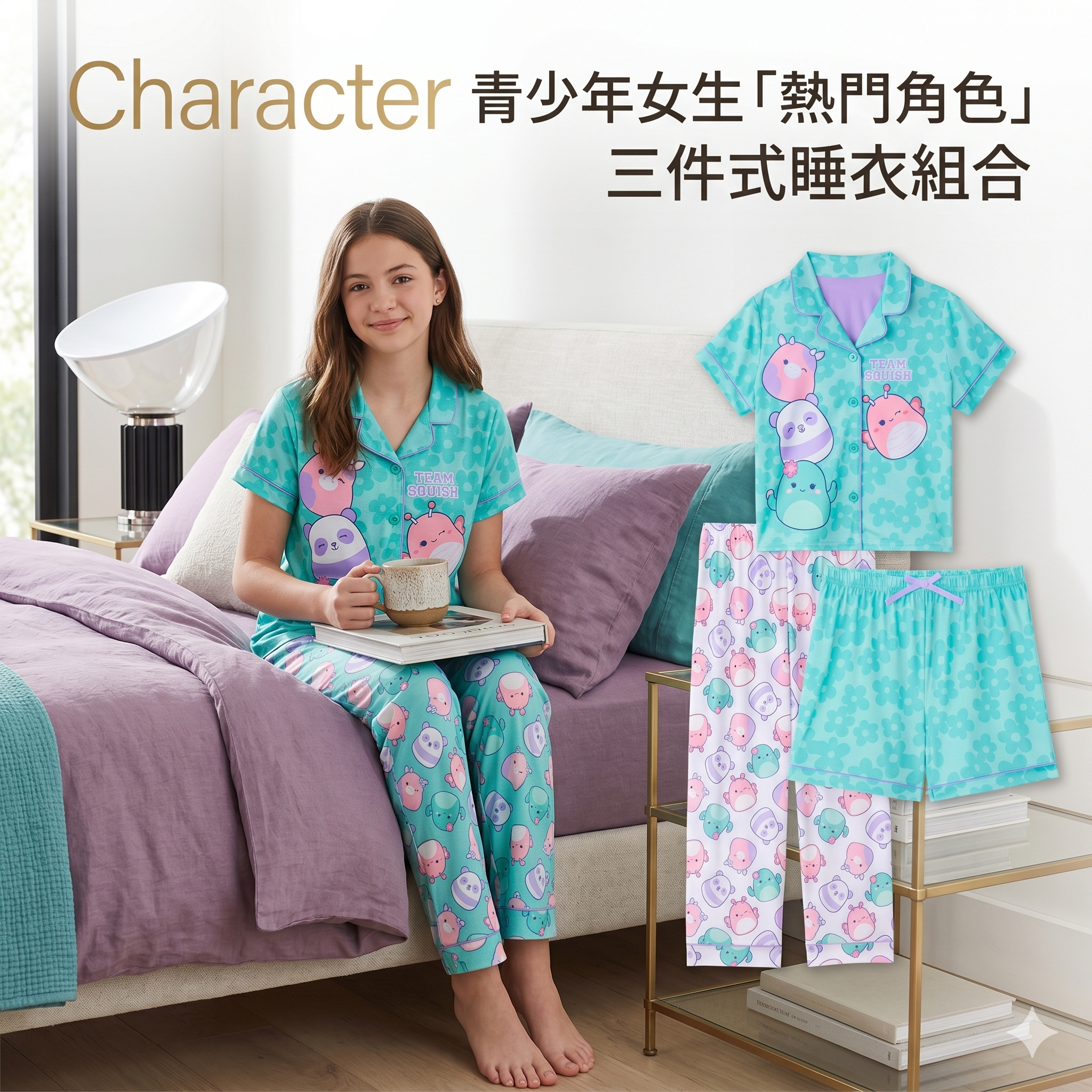 【預購】H043021 Character 青少年女生「熱門角色」三件式睡衣組合