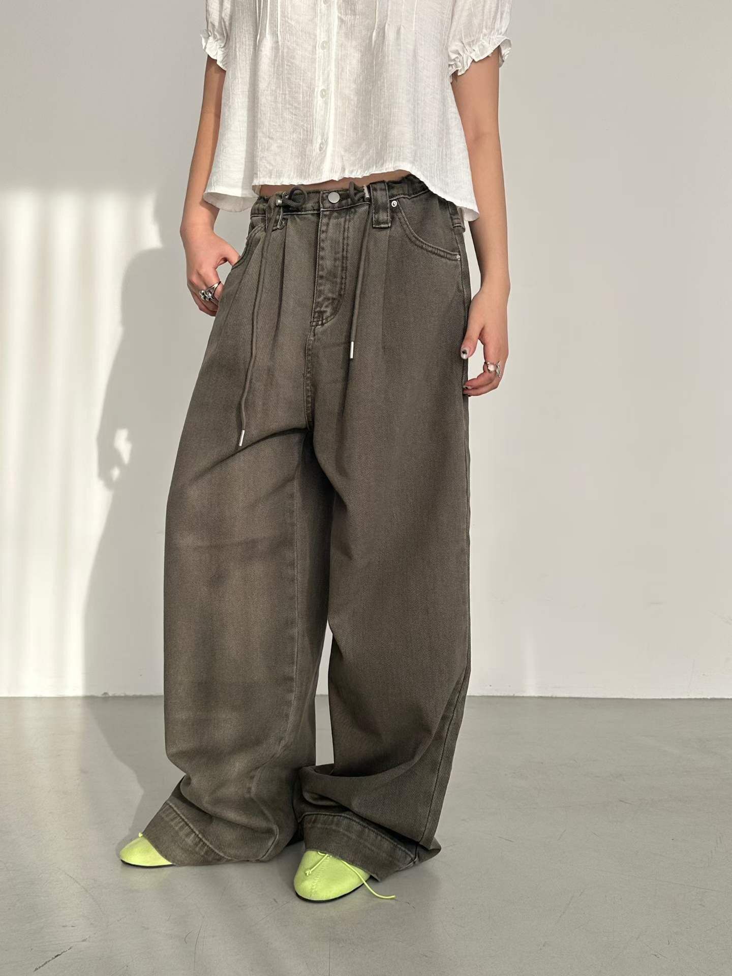 PN6112 復古色抽繩綁腰牛仔褲