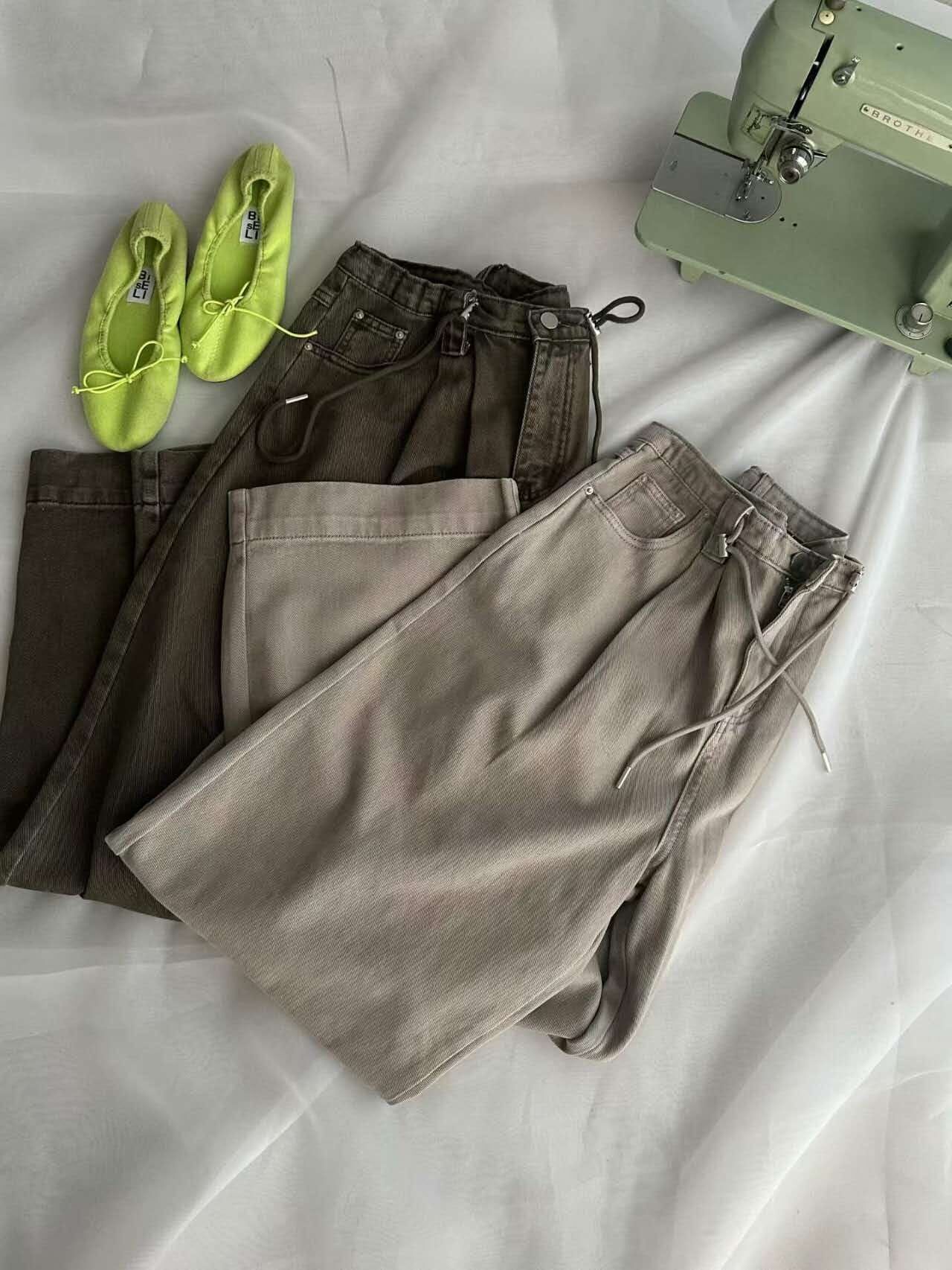 PN6112 復古色抽繩綁腰牛仔褲