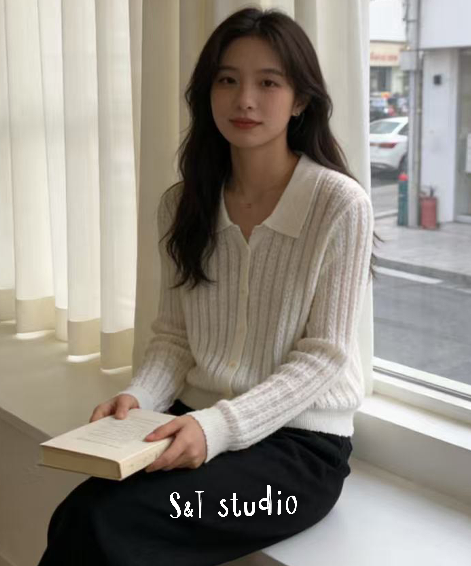女裝麻花簍空針織開襟有領上衣 (兩色)