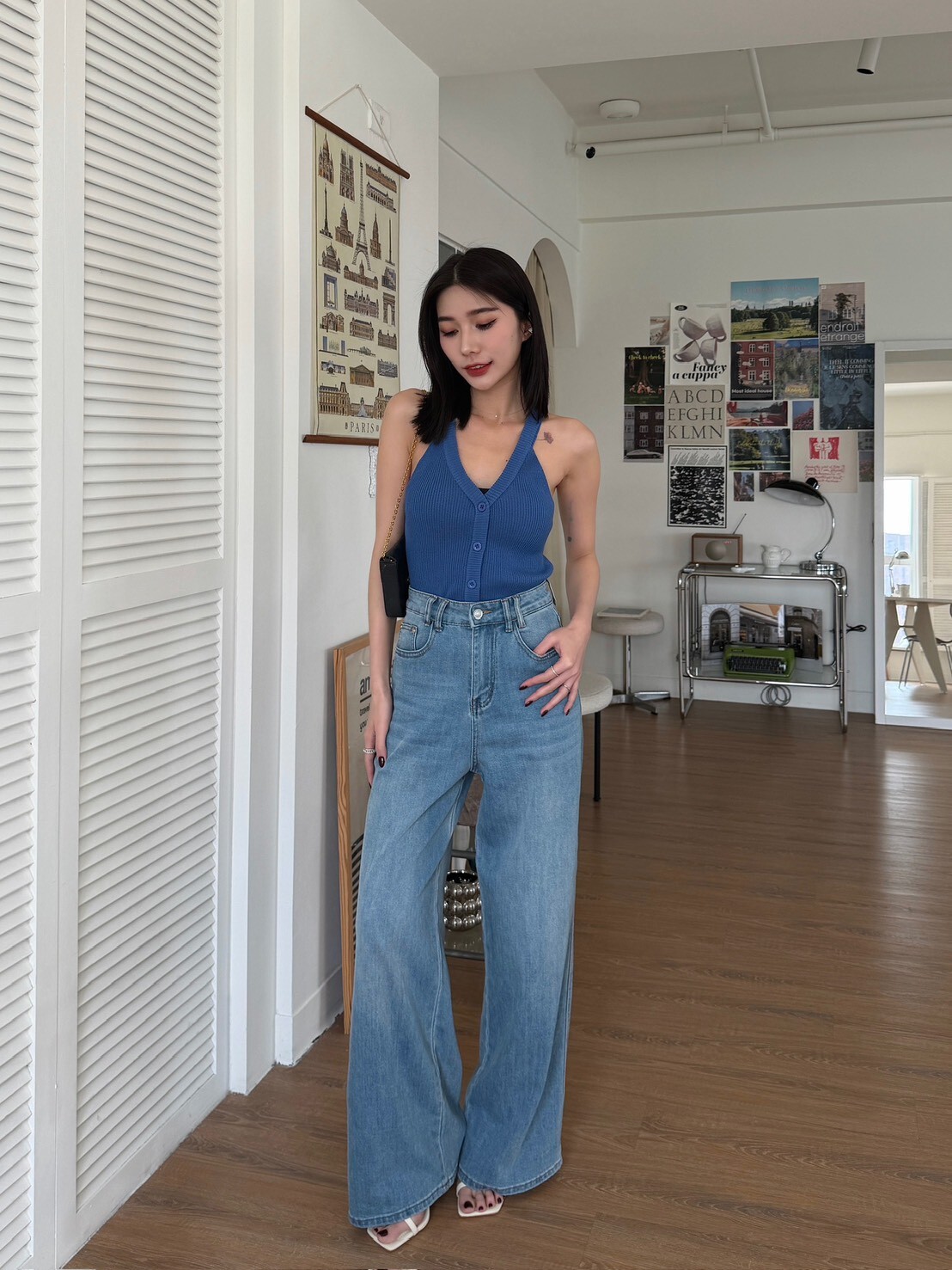 削肩坑條排釦針織背心