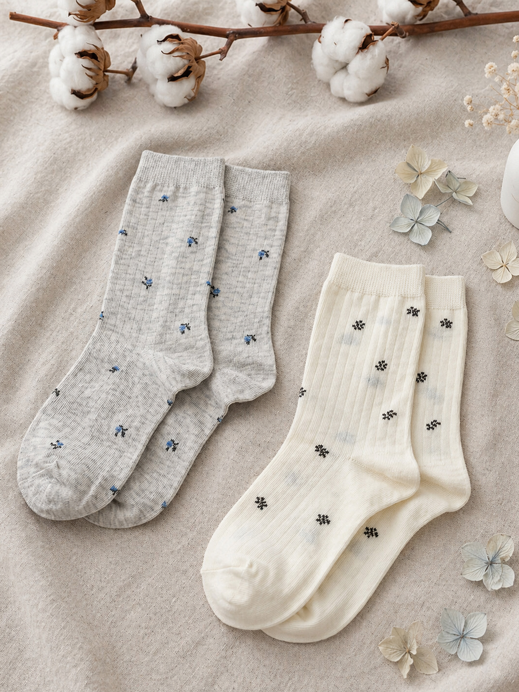 日系微甜清新小碎花坑條中筒襪