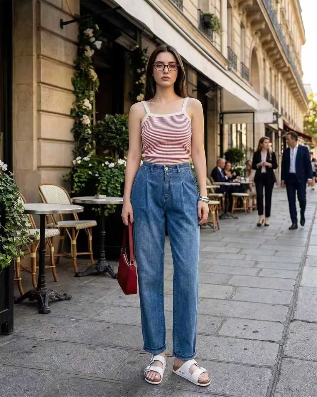 HL3058 壓褶捲邊修身牛仔褲