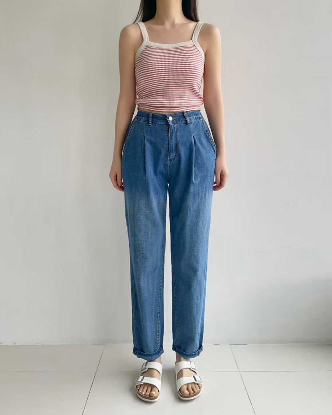 HL3058 壓褶捲邊修身牛仔褲