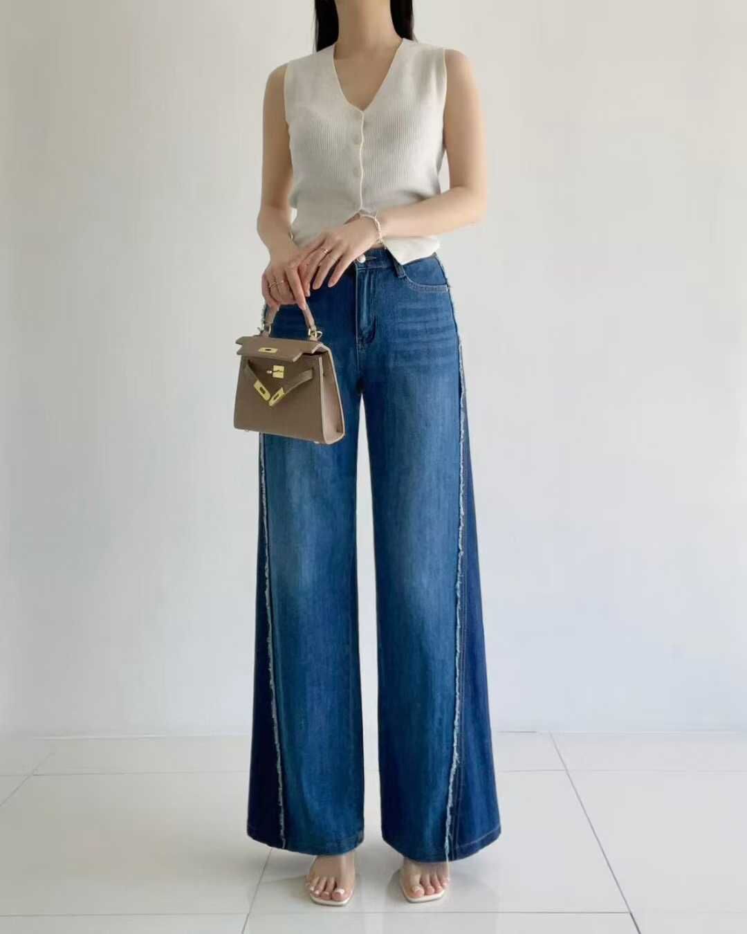 HL6032 毛邊撞色漸變牛仔寬褲