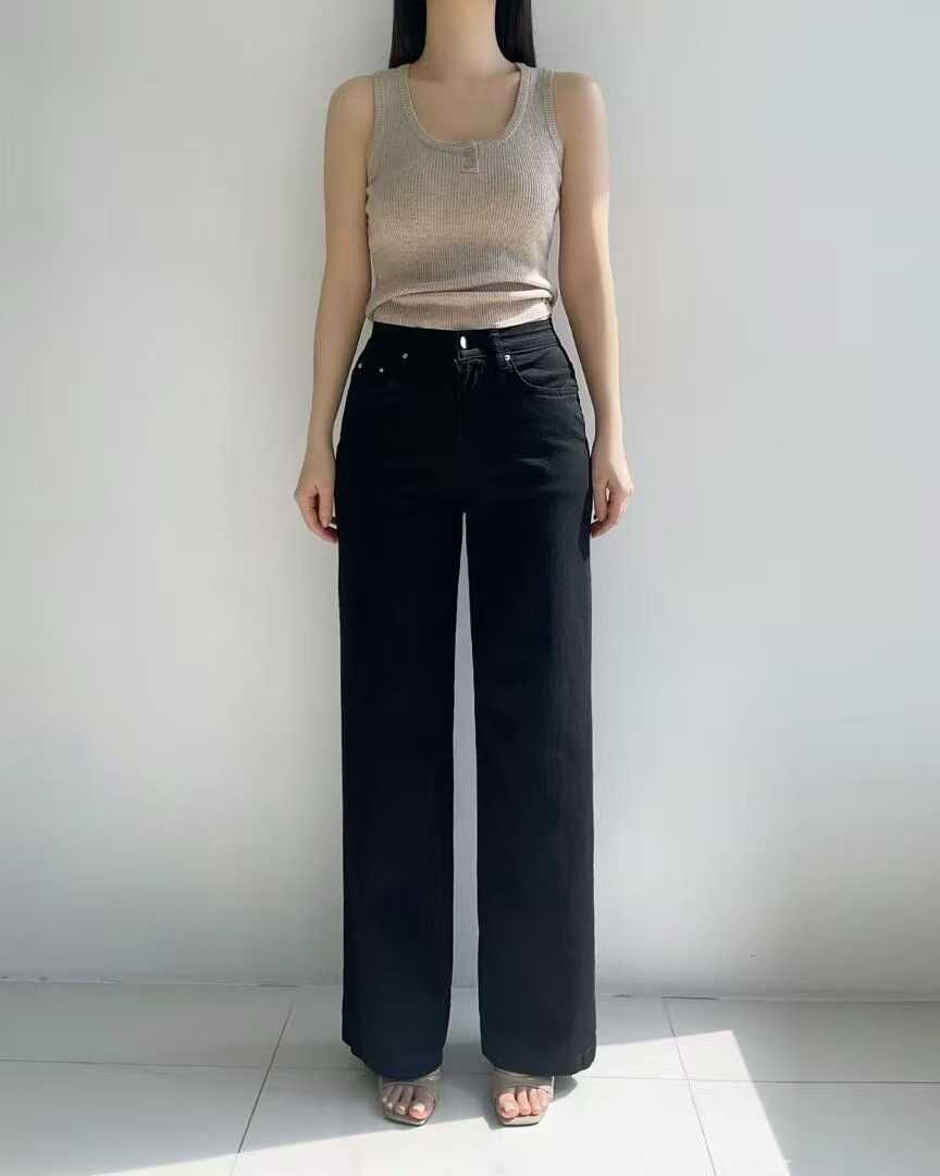 HL3050 簡約純黑高腰直筒牛仔褲