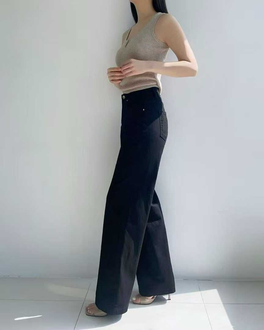 HL3050 簡約純黑高腰直筒牛仔褲