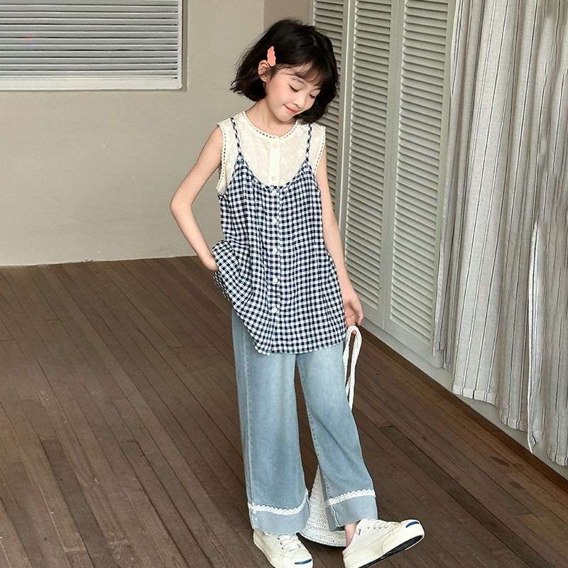 《3859》中大童甜美格紋假兩件背心上衣/蕾絲捲邊牛仔長褲(120-170)
