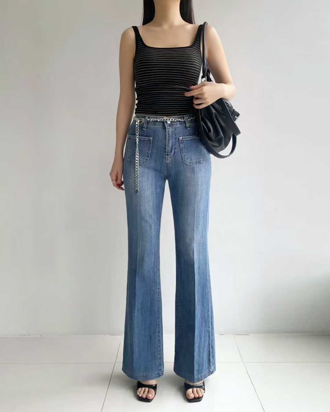 HL3057 方形小口袋高腰喇叭牛仔褲