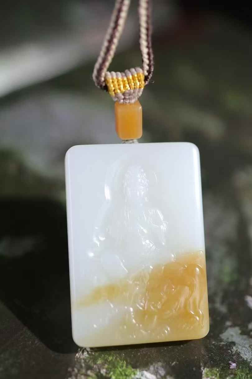 和田玉糖白普賢觀音牌,天然和田玉軟玉