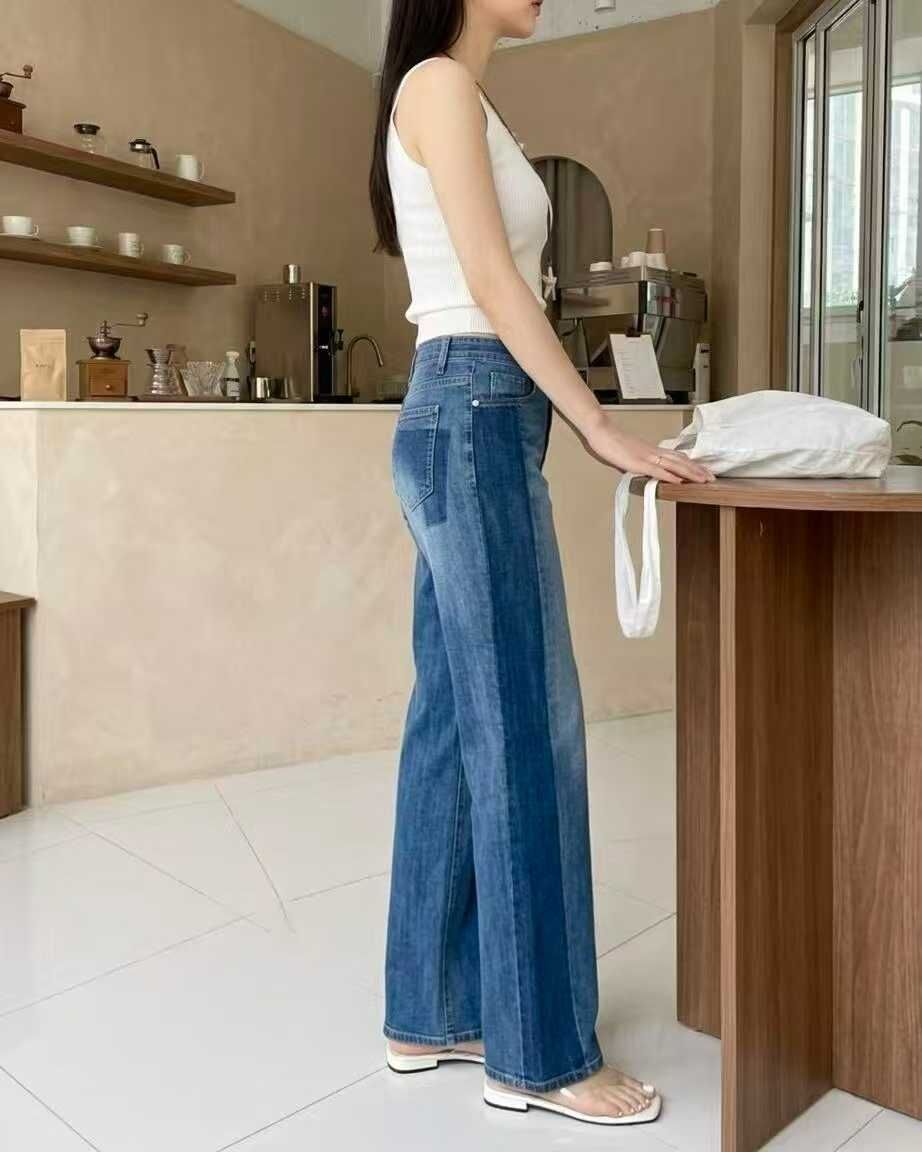 HL6101 設計感撞色拼接直筒牛仔褲