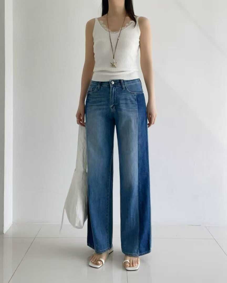 HL6101 設計感撞色拼接直筒牛仔褲