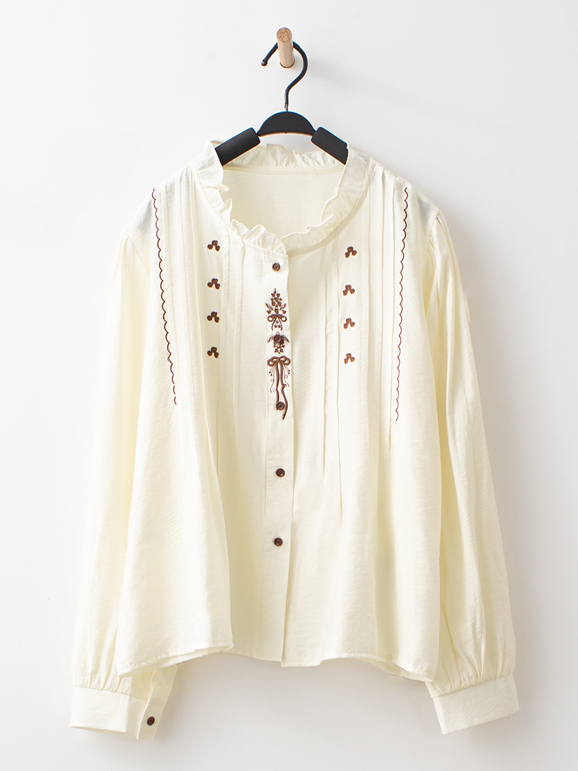輕甜荷葉小立領刺繡壓褶開襟襯衫