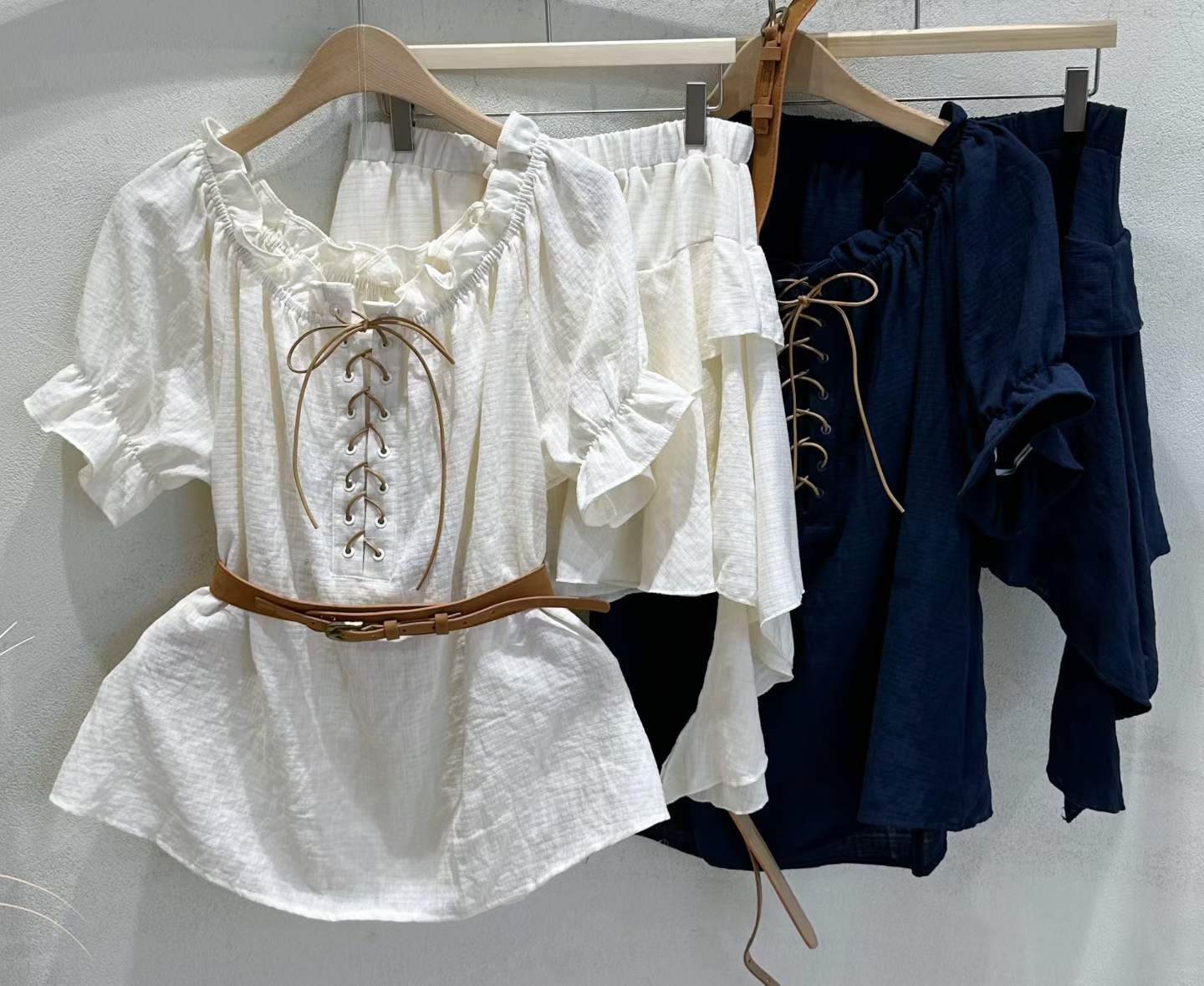 SU6101 法式田園荷葉腰帶蛋糕短裙套裝